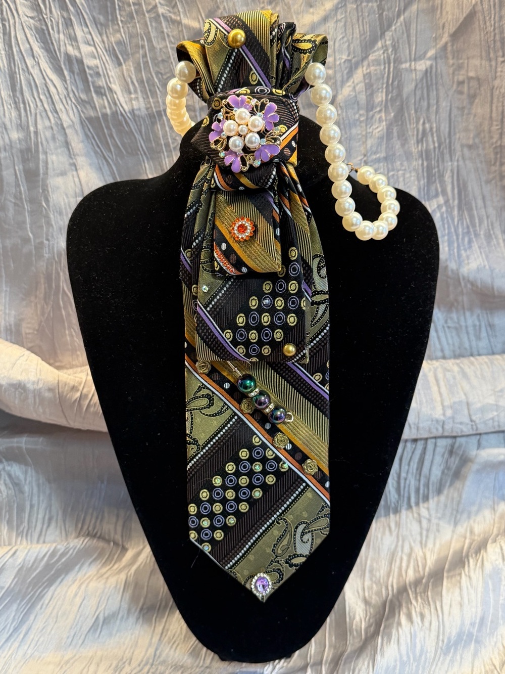 UBC Embellished up-cycled  Statement Tie Necklace Rhinestone Wearable Art - Picture 6 of 7